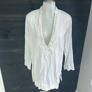 Ondademar‎ Womens White Deep V-Neck Mirror Embroidered Pullover Beach Coverup